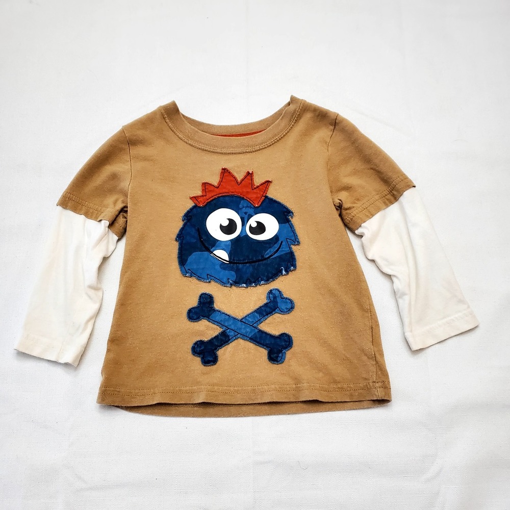 Long-Sleeved Tan & White Circo Shirt ● "Little Monster" ● Size 2T ● CUTE!